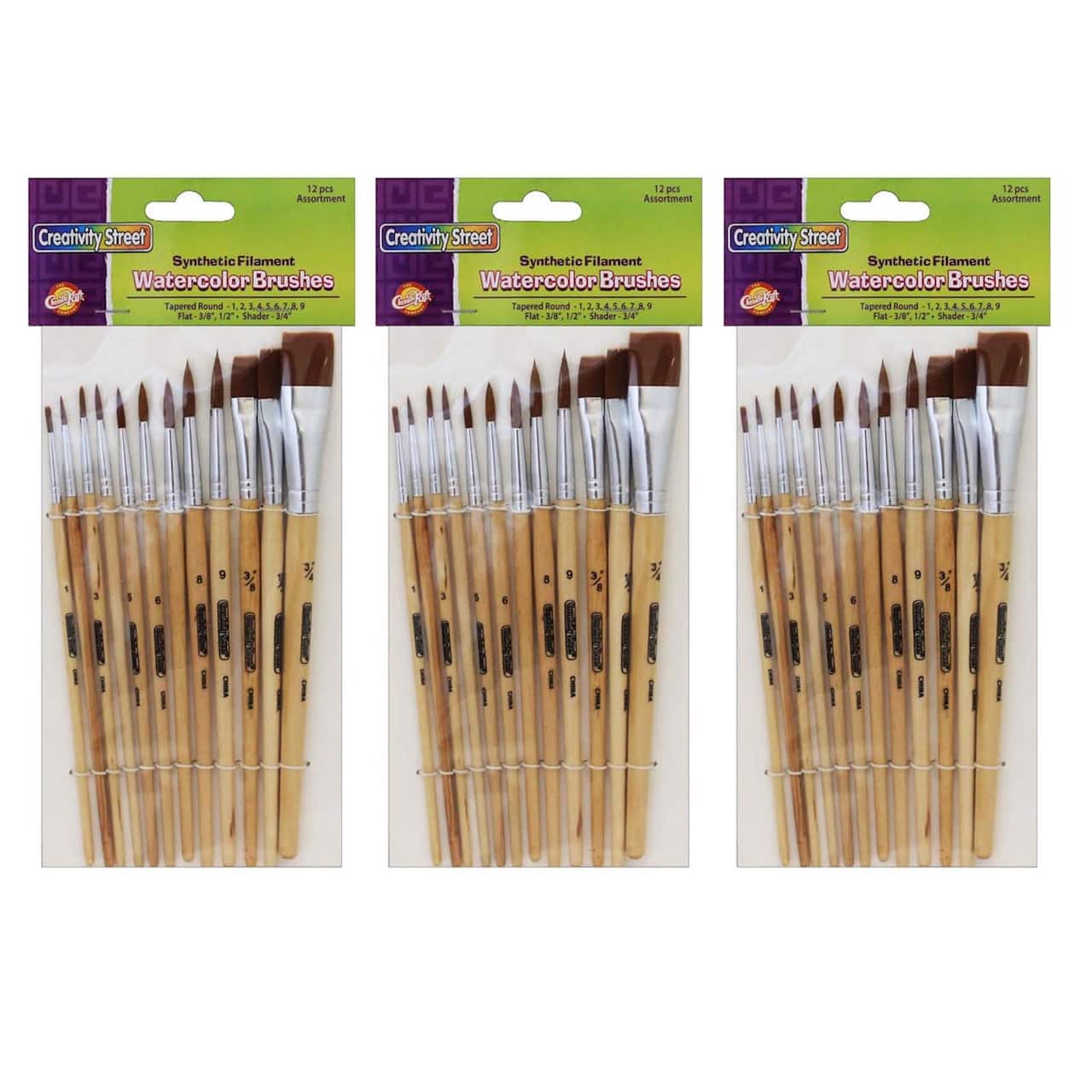 Creativity Street® Assorted Watercolor Brushes, 3 Packs of 12